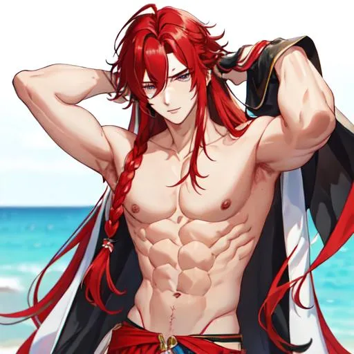 Prompt: Zerif 1male (Red long side-swept hair covering his right eye) shirtless