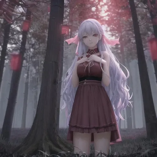 Prompt: there is a woman with blood on her face standing in the woods, 2. 5 d cgi anime fantasy artwork, korean girl, 🎀 🧟 🍓 🧚, anime and manga, inspired by Trevor Brown, evil intent, dimly - lit, shodan