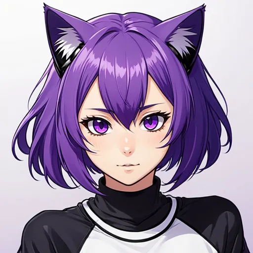Prompt: purple hair,cat girl,sweat shirt(black, with a purple line,crop top), collar, cute, fang, purple eyes, purple tail, Nekomata Okayu