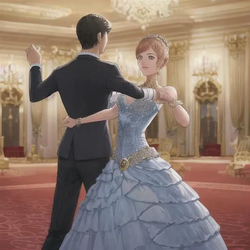 Prompt: Ballroom with dancing noblemen and women while it is a royal princess's birthday



