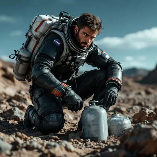 Prompt: A man collecting resources for a space exploration 