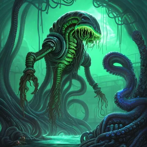 Prompt:  fantasy art style, painting, deep ocean, robotic, green, green lights, green neon lights, lightning, colourful, murky, H. R. Giger, waves, misty, biological mechanical, pipes, snakes, serpents, eels, tentacles, jellyfish, squid, giant robot, robot, machine, pregnant robot, war machine, inseminate, insemination, pregnancy, pregnant, mother, mother with pregnant belly, pregnant woman, futuristic, dystopian, alien, aliens, forced insemination, egg laying