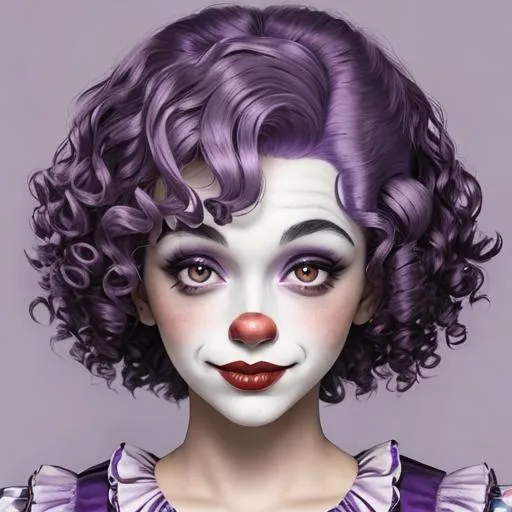 Prompt: A pretty female clown wearing purple, short , curly purple hair