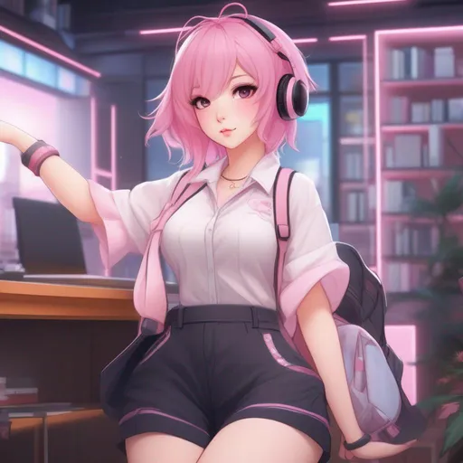 Prompt: anime waifu gamer girl who effortlessly combines her love for gaming with undeniable charm. Highlight her wide hips and alluring thick thighs as she rocks a stylish ensemble: an oversized shirt paired with short shorts and thigh-high socks. Infuse her with a playful aura, enhanced by her Sakura pink hair, capturing the perfect blend of geek chic and feminine allure.
