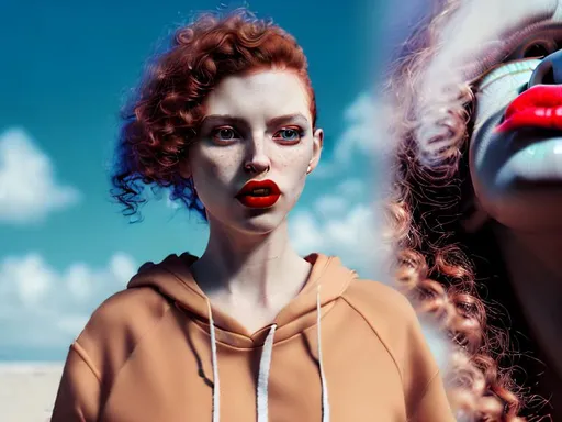 Prompt: Portrait ,woman,curly hair ,big eyes ,ginger hair ,freakles , green eyes with little yellow, nike hoodie , bow tie
Red lips , jaw line, piercing ,black jeans jacket, black hoodie, with a cigarette ,blue hair . On beach