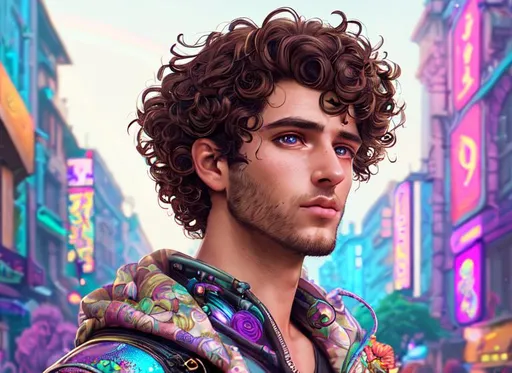 Prompt: Lofi biopunk portrait beautiful man with short brown curly hair, roman face, unicorn, rainbow, floral, Pixar style, Cinematic, Studio lightning, beautiul, cute, pretty eyes, hyper resolution, hyper detailed, smooth, details, 8K, dramtic, focus, full shot, fantasy, realistic, hyper realistic, arcade street, handsome, Tristan Eaton, Stanley Artgerm, Tom Bagshaw