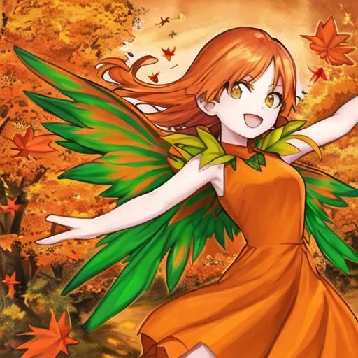 Prompt: Ginger hair fairy woman, orange wings, green dress, Autumn woods background 