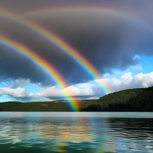 Prompt: detailed realistic  rainbow colour showing in sky over a lake