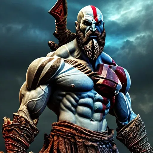 Prompt: /imagine prompt: color photo of the God of War, a formidable figure exuding power and strength. His towering muscular frame is adorned with battle scars, a testament to his countless victories on the battlefield. His skin glistens with a divine radiance, emanating an otherworldly aura.

The environment surrounding him is a war-torn landscape, with smoldering ruins and scattered debris. The air is heavy with the scent of smoke and the echoes of distant battles. The sky is dark and ominous, reflecting the chaos and turmoil of war.

The mood of the scene is intense and foreboding, capturing the God of War's fierce determination and unwavering resolve. There is a sense of both danger and awe in the air, as he stands as a formidable force, ready to unleash his divine wrath.

The camera used to capture this photo is a cutting-edge Sony Alpha 1