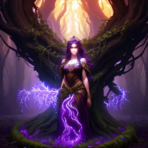 Prompt: Vines growing from a Druids heart through her body into a dead tree brining it back to life, a masterpiece, dark fantasy concept art, dynamic lighting, hyperdetailed, intricately detailed, Splash screen art, deep color, Unreal Engine, volumetric lighting, Alphonse Mucha, Jordan Grimmer, purple and yellow complementary colours