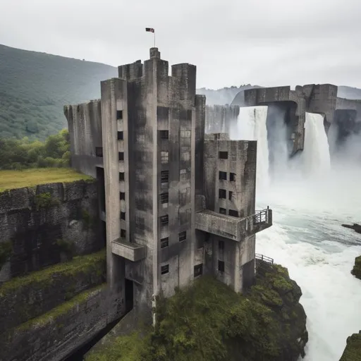 Prompt: a castle on the edge of a waterfall, brutalist architecture