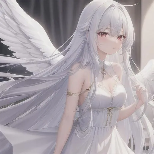 Prompt: Angel, decending, spread wings, long white hair, straight hair, pretty female, beautiful, white dress, flowy dress, best quality, high quality, 8k, high res, focus, full-body, 