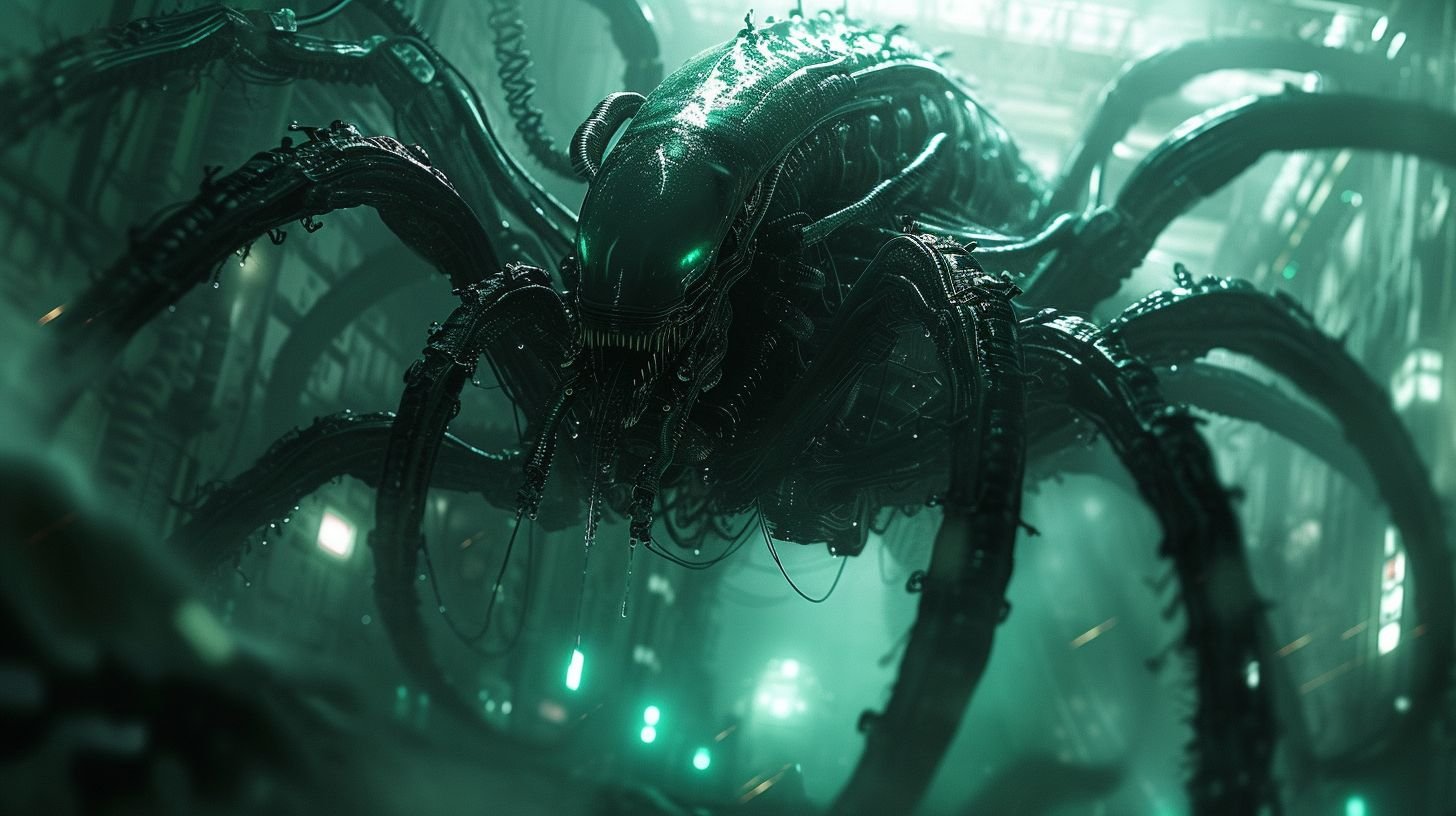 Prompt: Create an image of a futuristic alien with a glossy black exoskeleton, standing in the center of a dimly lit spaceship interior. The alien should have slender, elongated limbs and a head with large, bright teal eyes. The background should be filled with complex alien technology, illuminated by ambient teal and green lights. Cables and intricate machinery should weave around the alien, creating an immersive sci-fi environment. The overall atmosphere should be mysterious and advanced, with a focus on the reflective quality of the alien's skin and the soft lighting effects.
