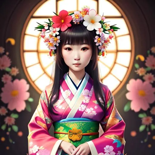 Prompt: high detail, girl,wearing kimono, hair adorned with colorful flowers,smooth lighting,soft skin, detailed face, digital art,full body shot, looking at camera