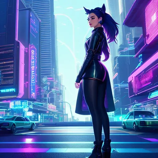 Prompt: Full body in shot. Epic. ((Ultra-detailed depiction)). (Beautiful and aesthetic:1.2). synth-wave, aesthetic cyberpunk, Miami, highway, dusk, neon lights, coastal highway, anthropomorphic fox, fluffy, poofy tail, long hair ponytail, sorcerer, trench coat {gold trim},
