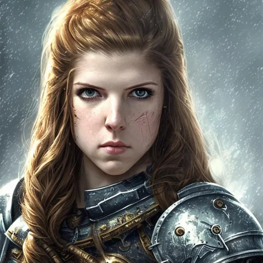 Prompt: anna kendrick, beautiful, detailed face, eye patch, missing eye, royal military portrait, muscular, bodybuilder, tall, stocky, knight, scifi armor, plate armor, sardukaur, white and gold