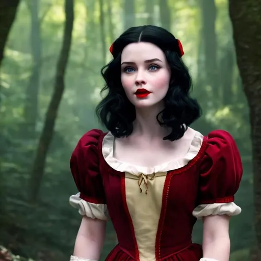 Prompt: disney snow white as live action human woman hyper realistic beautiful black hair pale skin red lips red yellow blue and white dress
magical forest hd background with live action realistic animal companions