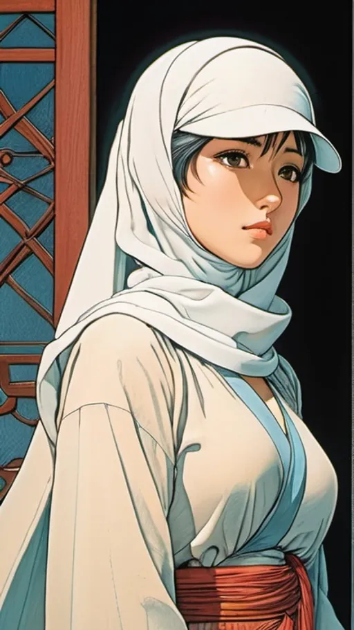 Prompt: Body shots, dynamic poses, Highly detailed manga anime cel art, final fantasy fanart, young woman, in hijab, griffith, Kidnapped Identity, geek, 80s, by hasui kawase, Moebius, epic scenes, action scenes, emotional scenes, inspired by yoshitaka amano and Takato Yamamoto, lively and vibrant, anti