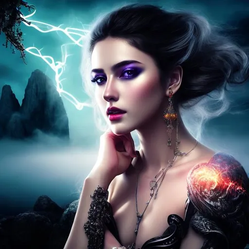 Prompt: HD 4k 3D 8k professional modeling photo hyper realistic beautiful woman ethereal greek goddess of poison, misery and sadness
white hair brown eyes gorgeous face dark skin red shimmering dress jewelry full body surrounded by dark magical glowing light hd landscape background of enchanting mystical fog mist 