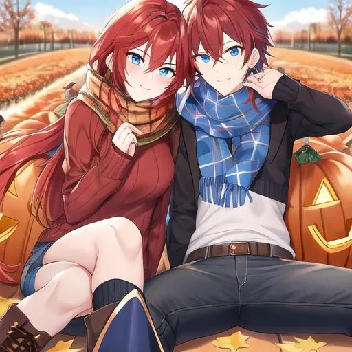 Prompt: Zerif 1male (Red side-swept hair covering his right eye, blue eyes), highly detailed face, 8K, UHD, wearing a cozy oversized sweater, ripped jeans, and boots, in the park, fall.  wearing a scarf, looking up at the sky, in a pumpkin patch,  young adult