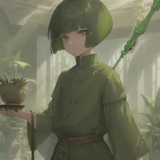 Prompt: boy, green hair, short hair, bowl cut,  green clothes, staff, magic staff, plant magic, plants, young