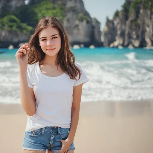 Prompt: a young woman, realistic, strong personality, cute face, full body, look on camera ,wearing white t-shirt, on summer vacation ,beach background 
