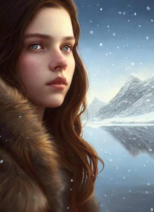 Prompt: Portrait of girl with brown hair and with cute face, North Pole background, perfect composition, hyperrealistic, super detailed, 8k, high quality, trending art, trending on artstation, sharp focus, studio photo, intricate details, highly detailed, by greg rutkowski