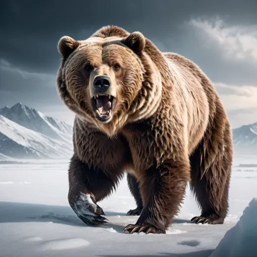 Prompt: Fantasy Illustration of a grizzly bear, threatening pose on a snowy plane, dangerous atmosphere, high quality, rpg-fantasy, detailed, intense, 