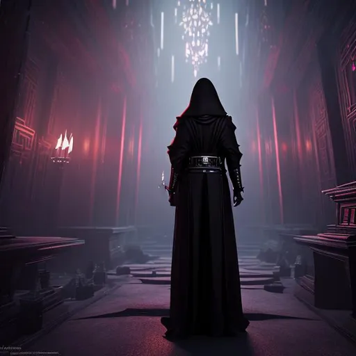 Prompt: A haunting scene of sith temple, portrait of Sith Lord Emiru in a sith outfit (glowing eyes:1. 2), Staggering through a dark, abandoned tempple, (shadows:1. 1) lurking in corners, Tattered remains of dead robes, anxious atmosphere, 8k, Gruesome details, unsettling, cinematic, mysterious, captivating, anxious, post a war, 8k, concept art, trending on artstation