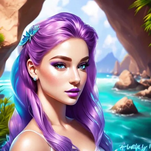 Prompt: a beautiful mermaid with pale skin and rainbow hair, purple lips, Barbie doll , 4k,  facial closeup



