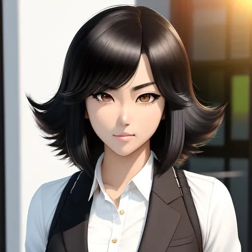 Prompt: manga by Kohei Horikoshi, hot tough 3D korean girl with medium length black fluffy hair and black eyes, pale complexion, Joan Jett lookalike, round face, bushy eyebrows, smirk expression, glaring eyes, black suit, smoking cigarette, office setting, golden hour, medium shot, mid-shot, front view, ultra realistic, intricate details, highly detailed, trending on Artstation, Hyperealistic details ray tracing shaders, octane render 8 k, 64k, UHD, unreal engine 