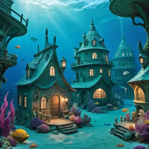 Prompt: Underwater mermaid village