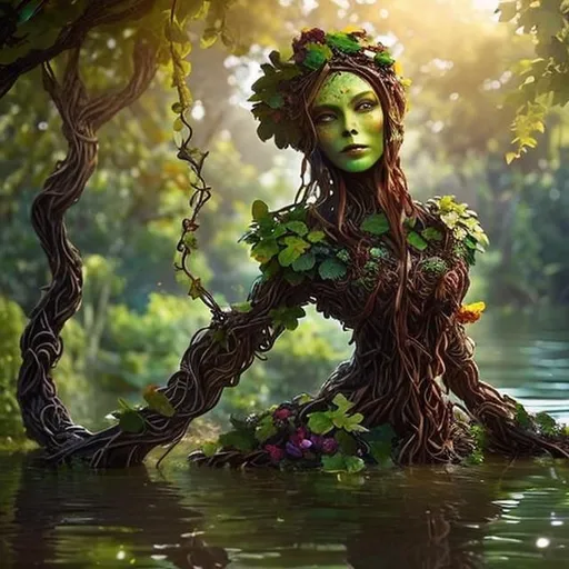 Prompt: Beautiful Treant woman, colorful flowers (wooden skin:1.3), brown straight vines, face made out of vines, flowers, waist deep in water, by wlop