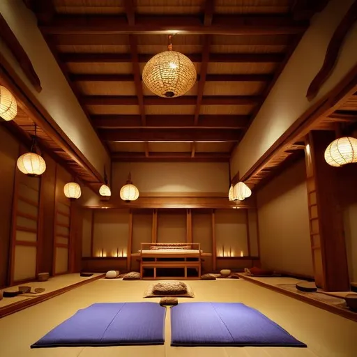 Prompt: Inside, the serene interior creates a contemplative atmosphere. Tatami mats cover the floor, allowing worshippers to kneel in prayer, while intricately designed wooden beams soar above, depicting biblical scenes intertwined with elements of Japanese folklore. Soft candlelight flickers, casting gentle shadows across the tatami floor and illuminating the faces of the devout.