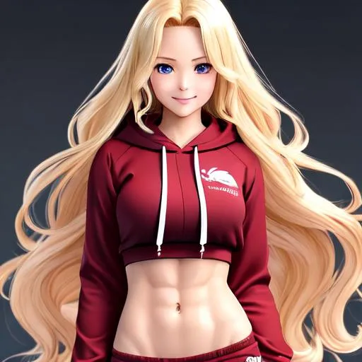 Prompt: extremely realistic, hyperdetailed, extremely long blonde wavy hair anime girl, deep red blush, smiling happily, wears cropped hoodie, wears dolphins shorts, toned body, showing abs midriff, highly detailed face, highly detailed eyes, full body, whole body visible, full character visible, soft lighting, high definition, ultra realistic, 2D drawing, 8K, digital art