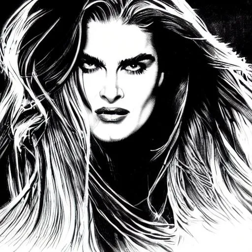 Prompt: Full portrait drawing of young Brooke shields as tough girl in sin city Frank Miller style, high definition, 4K, integrated, intelligent composition