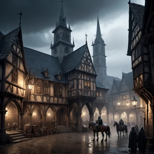 Prompt: Warhammer fantasy RPG style town hall in the middle of a square, medieval architecture, towering spires, weathered stone walls, intricate gothic details, bustling marketplace, high resolution, detailed, dark fantasy, atmospheric lighting, foggy ambiance, gothic, medieval, detailed stonework, bustling, mysterious, ominous lighting, rider on a horse, dark blue tones, rainy, heavy rain