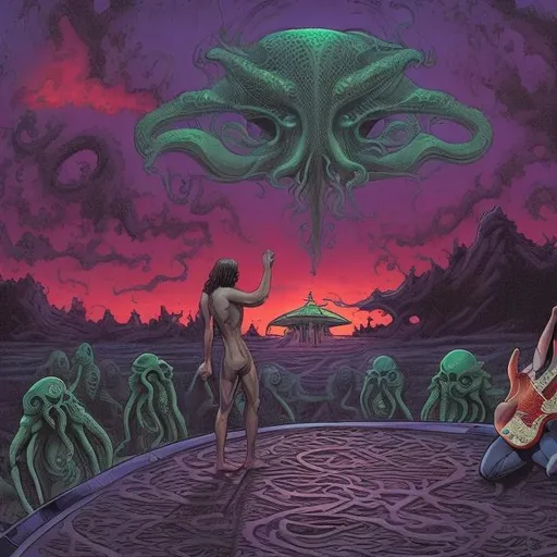 Prompt: wide view, jesus playing guitar in front of a patio gazebo barbeque grill and swimsuit clad dancers, infinity vanishing point, Cthulhu nebula background