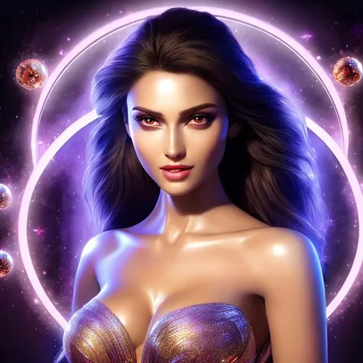 Prompt: HD 4k 3D 8k professional modeling photo hyper realistic beautiful demon woman ethereal greek goddess of pleasure
light gray hair hazel eyes gorgeous face brown skin shimmering harem dress jewelry diadem full body tattoo surrounded by magical glowing light hd landscape background hedonist harem room with pillows grapes and lamps