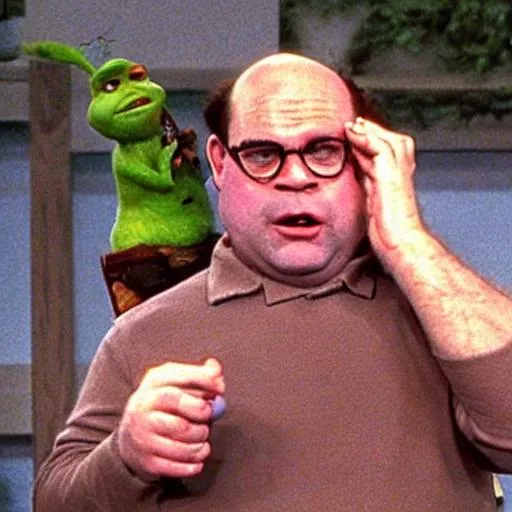 Prompt: George Costanza with a gun shoots Shrekshuka dead, shrekshuka dies