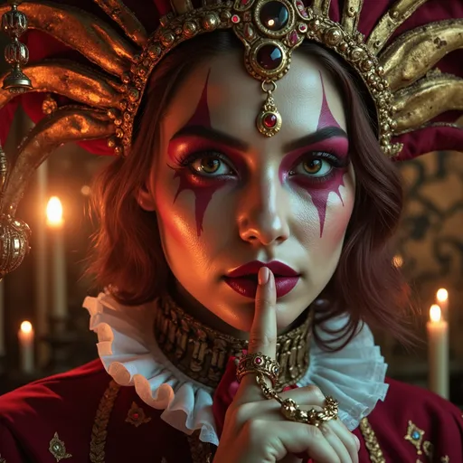 Prompt: Close up of a woman's face, dressed as a jester, vibrant French-style makeup, finger to lips in a hush gesture, flickering candles in the background, ethereal gothic atmosphere, rich dark fantasy elements, influenced by Anne Stokes, intricate details, Flemish Baroque inspiration, dramatic lighting, high-quality, ultra-detailed, moody ambiance, hauntingly beautiful.