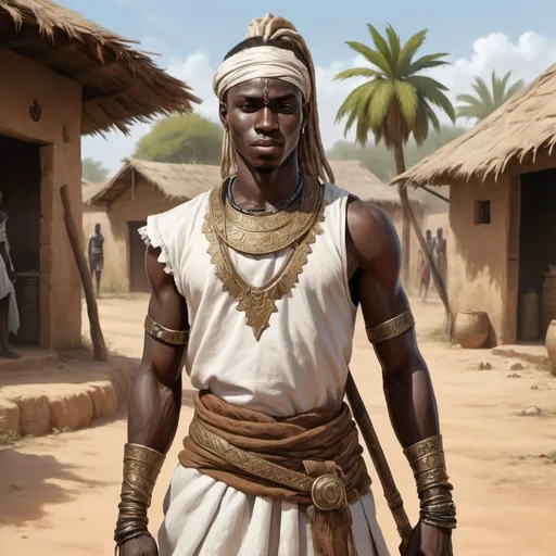 Prompt: Full body, Fantasy illustration of a male senegalese warrior, 20 years old, kind expression, traditional garment, high quality, rpg-fantasy, detailed, senegalese village background