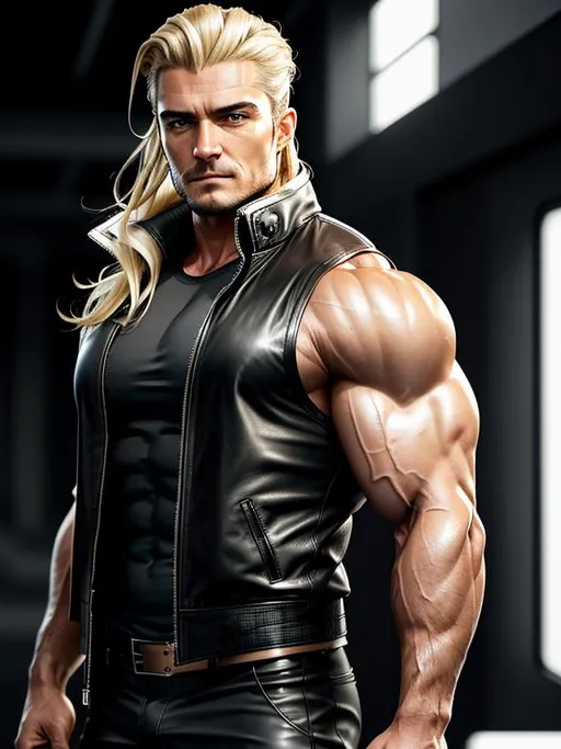 Prompt: perfect composition, {40 year old}, extremely muscular {Orlando Bloom} as a bodybuilder, wearing {tech vest and leather trench coat}, {shoulder length blonde hair slicked back}, {light blonde beard}, extra masculine, peak fitness, determined expression, looking at viewer, 8k eyes, detailed face, wlop, stanley artgerm lau, artstation, hd, octane render, hyperrealism intricate details, 8k, cinematic volumetric light, proportional, art trending on artstation, sharp focus, studio photo, intricate details, highly detailed, intricate artwork masterpiece, ominous, intricate, epic, trending on artstation, highly detailed, vibrant, production cinematic character render, ultra high quality model, 