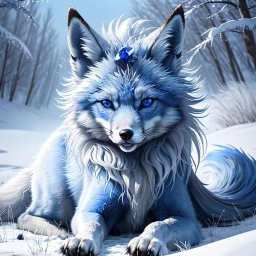 Prompt: (masterpiece, professional oil painting, epic digital art, best quality, highly detailed:1.5), extremely beautiful blue vixen ((fox)), (canine quadruped), female, adolescent, ice elemental, deep blue fur covered in frost, (bashful hypnotic sapphire blue eyes), 8k eyes, sprawled on frosted field, insanely beautiful, gorgeous silver mane covered in frost, (plump:2), by Anne Stokes, by Yuino Chiri, detailed detailed scowling face, finely detailed fur, hyper detailed fur, (soft silky insanely detailed fur), moonlight beaming through clouds, grassy field covered in frost, fluffy fox ears, cool colors, beaming sun, professional, symmetric, golden ratio, unreal engine, depth, volumetric lighting, rich oil medium, (brilliant auroras), (ice storm), full body focus, beautifully detailed background, highly detailed defined furry legs, cinematic, 64K, UHD, intricate detail, high quality, high detail, masterpiece, intricate facial detail, high quality, detailed face, intricate quality, intricate eye detail, highly detailed, high resolution scan, intricate detailed, highly detailed face, very detailed, high resolution