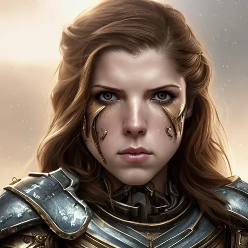 Prompt: anna kendrick, beautiful, detailed face, tan skin, eye patch, missing eye, muscular, bodybuilder, tall, stocky, knight, scifi armor, plate armor, sardukaur, white and gold