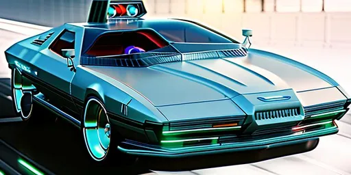 Prompt: A retro scifi concept car in the style of carmageddon and an 80s low budget horror movie