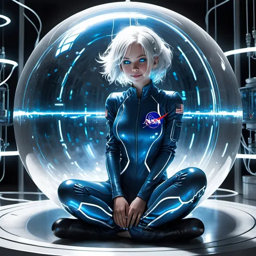 Prompt: A young teenage android girl, wearing blue cloth NASA jumpsuit, with brightly glowing glass eyes, trapped inside a glass containment orb, messy unruly white hair, pure white porcelain like skin, white eyebrows, calmly looking around, bemused smile, sitting crosslegged, inside secret government lab, wires and monitors stuck to outside of orb. Dynamic pose,