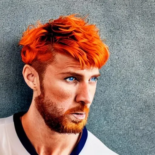 Prompt: A cute man, who almost has the eyes of Cristiano Ronaldo and Gigachad, with short orange hair, and 6 pack stomack, and blue eyes, and blonde goatee beard, high quality, photo realistic hands and face and eyes, realism, science fiction, beautiful, hyper detailed, colorful, and the man is looking into camera, and face should be visible.