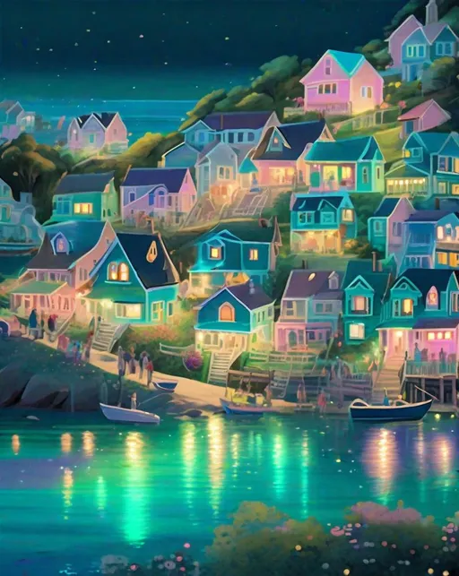 Prompt: A quaint pastel village nestled in lush green hills overlooks a bay filled with teal bioluminescent algae at night. The glowing teal waves light up the water, echoed by the full moon's refection. Fireworks burst in colorful explosions over the glittering bay as villagers gather to watch. Strings of lights decorate the streets lined with cheerful pastel homes. Photographed using a drone for an atmospheric bird's eye view of this idyllic seaside town during its summer fireworks festival.
