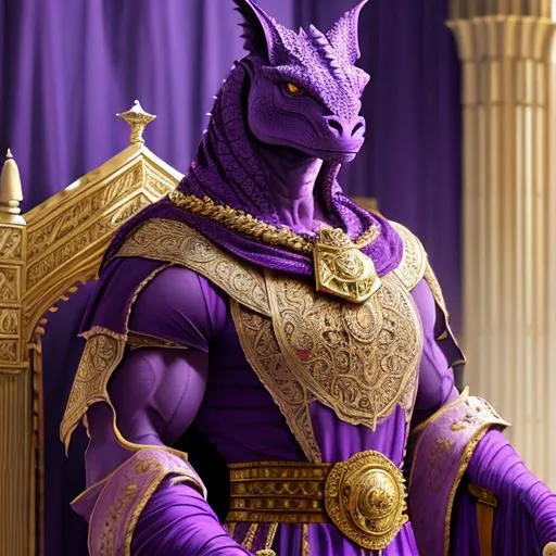 Prompt: portrait of a (dragonborn muscular standing purple ),wearing regal middle eastern robes.  ,palace backgro, D&D setting, perfect composition, hyperrealistic, super detailed, 8k, high quality, trending art, trending on artstation, sharp focus, studio photo, intricate details, highly detailed, by greg rutkowski and alphonse mucha